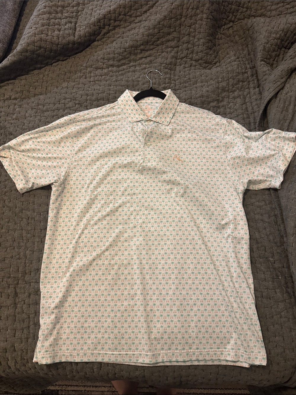 Rhoback Men's Polo in White with Mint Pattern golf cart and palm trees